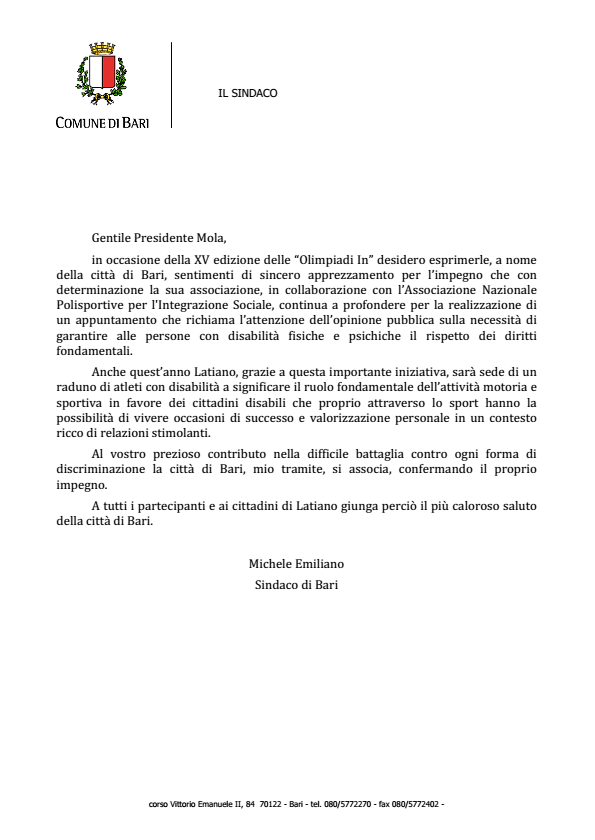 messaggio sindaco di Bari