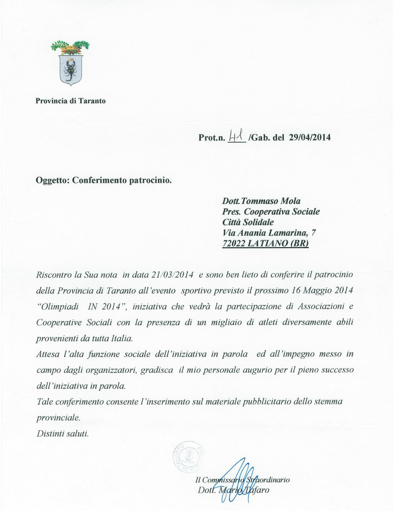 patrocinio provincia taranto